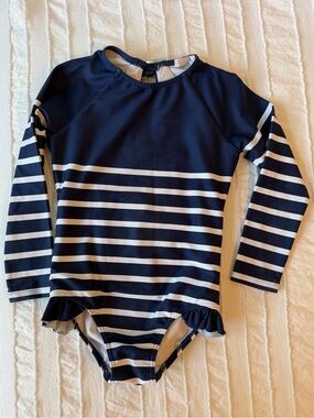 Girls' Navy & White Striped Long-Sleeve One-Piece Swimsuit with Ruffle